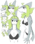  5_fingers anthro big_breasts bikini bikini_top black_bikini black_bikini_bottom black_bikini_top black_clothing black_swimwear blush bottomwear breasts cat_pepper cleavage clothed clothing digital_media_(artwork) eyelashes eyes_closed female fingers fish front_view green_hair grey_body grey_skin hair head_pat hi_res long_hair looking_at_viewer marine multicolored_body navel open_mouth roji_(cat_pepper) shark side_view simple_background sketch solo swimwear teeth two_tone_body white_body white_skin 