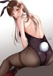  1girl animal_ears ass black_footwear black_leotard black_pantyhose blush brown_hair fake_animal_ears gen_(enji) gradient gradient_background high_heels highres idolmaster idolmaster_cinderella_girls leotard long_hair looking_at_viewer looking_back nitta_minami pantyhose playboy_bunny rabbit_ears rabbit_tail shoulder_blades solo straight_hair strapless strapless_leotard sweatdrop tail thighband_pantyhose twitter_username very_long_hair 