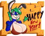  anthro aroradraws big_breasts blue_body blue_fur breast_expansion breasts chinese_zodiac expansion female fur green_hair hair hi_res lagomorph leporid mammal rabbit solo year_of_the_rabbit year_of_the_tiger 