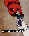  1other ahoge animal_ears animalization cup english_commentary english_text fillmargarin gloves go_do_a_crime_(meme) gun gundam gundam_suisei_no_majo handgun holding holding_gun holding_weapon meme out_of_frame photo-referenced photo_background pov red_hair spacesuit suletta_mercury tanuki weapon white_gloves wooden_floor 