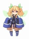  1girl blonde_hair blue_eyes blush cosplay full_body hair_between_eyes highres histoire if_(neptune_series) if_(neptune_series)_(cosplay) jacket long_hair long_sleeves looking_at_viewer neptune_(series) novus_rue sleeves_past_wrists solo twintails wings 