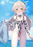  1girl @_@ absurdres animal_ears animal_print bare_shoulders bell blonde_hair blue_archive blush breasts cameltoe cleft_of_venus collarbone cow_ears cow_girl cow_print cowbell elbow_gloves gloves groin hifumi_(blue_archive) highleg highleg_swimsuit highres keke_(user_djyu7823) long_hair open_mouth pussy pussy_peek see-through shiny_skin sideboob small_breasts swimsuit thigh_gap thighs twintails wet wet_clothes wet_swimsuit yellow_eyes 