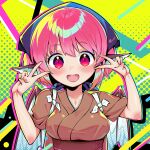  1girl :d animal_ears bird_ears bird_wings blush breasts colorful double_v hands_up happy highres japanese_clothes kimono large_breasts laska_(572124034) looking_at_viewer musical_note musical_note_print mystia_lorelei okamisty open_mouth outline pink_hair pink_outline round_teeth sleeves_rolled_up smile solo teeth touhou upper_body v wings yellow_background 