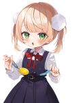  1girl aged_down bangs blonde_hair blurry blurry_background blush bow bowtie collared_shirt crime_prevention_buzzer dress eyes_visible_through_hair green_eyes hair_ornament highres holding indie_virtual_youtuber looking_at_viewer noi_mine open_mouth pinafore_dress pleated_dress pom_pom_(clothes) pom_pom_hair_ornament purple_dress red_bow red_bowtie shigure_ui_(vtuber) shirt short_hair simple_background solo twintails virtual_youtuber white_background white_shirt 