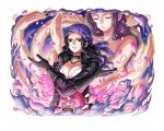  1girl bandana black_choker black_gloves black_hair blue_eyes choker gloves jewelry long_hair looking_at_viewer necklace nico_robin official_art one_piece one_piece_treasure_cruise petals upper_body 