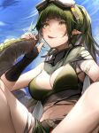  1girl :p absurdres arknights blue_sky blush breasts cleavage cloud crocodilian_tail day gavial_(arknights) goggles goggles_on_head green_hair highres long_hair looking_at_viewer medium_breasts midriff navel outdoors pointy_ears ponytail sitting sky solo tab_head tail tongue tongue_out yellow_eyes 