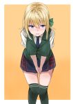  1girl absurdres blonde_hair blue_necktie blue_skirt braid braided_bun breasts collared_shirt commentary_request commission dress_shirt feet_out_of_frame green_thighhighs green_vest hair_bun highres kamaboko_senshi kantai_collection large_breasts leaning_forward looking_at_viewer necktie perth_(kancolle) plaid plaid_skirt pleated_skirt purple_eyes school_uniform shirt short_hair short_sleeves skirt solo thighhighs vest white_shirt 