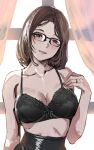  1girl black-framed_eyewear black_bra bow_(bhp) bra breasts brown_eyes brown_hair cleavage collarbone curtains glasses looking_at_viewer medium_breasts original parted_lips smile solo topless underwear upper_body window 