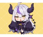  1girl ahoge black_dress blush braid chibi dress fang grey_hair hair_between_eyes hololive horns la+_darknesss long_hair long_sleeves looking_at_viewer noi_mine open_mouth purple_thighhighs single_thighhigh skin_fang sleeves_past_fingers sleeves_past_wrists solo tail thighhighs very_long_hair yellow_background yellow_eyes 