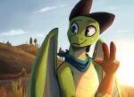  anthro blue_eyes day detailed_background dragon enginetrap gloves_(marking) grass green_body hill horn male malphas_(enginetrap) markings membrane_(anatomy) membranous_wings outside plant scalie solo tree western_dragon wings 