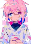  1boy absurdres bandage_on_face bandages bandaid bandaid_on_cheek bandaid_on_face bangs black_shirt blue_eyes bright_pupils closed_mouth commentary_request crossed_bangs highres holding hood hood_down hoodie juice_box looking_at_viewer male_focus open_mouth original pink_eyes pink_hair raito-kun_(uenomigi) shirt short_hair solo uenomigi white_hoodie white_pupils 