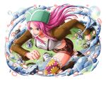 1girl 6+boys bubble green_headwear grin hat jewelry_bonney long_hair multiple_boys official_art one_piece one_piece_treasure_cruise pink_hair running smile thighhighs 