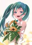  1girl absurdres aqua_eyes aqua_hair backlighting bare_shoulders bouquet commentary dress eriko_(nakaeri_gogo) flower half-closed_eyes hatsune_miku highres holding holding_bouquet long_hair looking_at_viewer open_mouth smile solo standing strapless strapless_dress sundress sunflower twintails vocaloid white_dress wind 