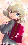  1girl alternate_costume backpack bag bangs blonde_hair blue_eyes blurry bob_cut bokeh cherry_blossoms commentary depth_of_field fang from_side girls_und_panzer grey_jacket instrument jacket katyusha_(girls_und_panzer) long_sleeves looking_at_viewer nakasawa_kei open_mouth randoseru recorder short_hair smile solo standing textless_version twitter_username 