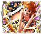  1girl bandaid bandaid_on_face brown_eyes cloud hair_ornament japanese_clothes lightning nami_(one_piece) official_art one_piece one_piece_treasure_cruise open_mouth orange_hair tattoo zeus_(one_piece) 