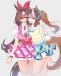  2girls alternate_costume animal_ears argyle argyle_dress argyle_skirt arm_around_shoulder breasts brown_hair cleavage cowboy_shot dress frills hair_between_eyes highres horse_ears horse_girl horse_tail large_breasts long_hair looking_at_viewer midriff mmmt0a4w0a6k multicolored_hair multiple_girls pink_dress puffy_short_sleeves puffy_sleeves purple_eyes red_eyes school_uniform serafuku shirt short_sleeves sirius_symboli_(umamusume) skirt streaked_hair symboli_rudolf_(umamusume) tail twitter_username umamusume v very_long_hair white_hair wrist_cuffs yellow_shirt 