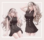  1girl absurdres alternate_costume armpits bangs bare_shoulders black_dress black_hairband blush breasts collared_dress commentary_request corrin_(female)_(fire_emblem) corrin_(fire_emblem) dress fire_emblem fire_emblem_fates frilled_dress frills grey_hair grin hair_between_eyes hairband highres long_hair looking_at_viewer medium_breasts pointy_ears red_eyes sleeveless sleeveless_dress smile sobasakuhin very_long_hair wavy_hair 