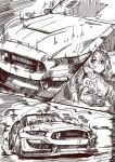  1girl azur_lane breasts car collared_shirt commission drifting driving english_commentary ford ford_mustang greyscale ground_vehicle hair_between_eyes leander_(azur_lane) looking_to_the_side medium_breasts mizukiri_fuurai monochrome motion_lines motor_vehicle multiple_views muscle_car shirt signature skeb_commission smoke vehicle_focus 