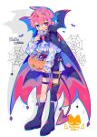  1boy ascot bat_wings black_bow black_bowtie black_cape black_footwear black_shorts black_wings blue_eyes boots bow bowtie bright_pupils candy cape commentary_request food full_body garter_belt halloween halloween_bucket heterochromia highres holding holding_candy holding_food holding_lollipop jitome lollipop long_sleeves male_focus original pink_eyes pink_hair raito-kun_(uenomigi) shirt short_hair shorts silk solo spider_web standing tongue tongue_out uenomigi white_ascot white_pupils white_shirt wings wrapped_candy 