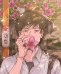 1boy against_wall animal azalea_(flower) bag bangs black_eyes black_hair calico cat closed_eyes collared_shirt covered_mouth fangs fingernails flower flower_over_mouth foliage from_side highres holding holding_flower inumoto922 leaf long_fingernails looking_at_viewer male_focus mole mole_under_eye open_mouth original outdoors pink_flower plant portrait shirt short_hair sign solo straight-on t-shirt upper_body whiskers white_shirt yawning 