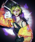 1girl bandaid bandaid_on_face bug butterfly butterfly_necklace double_bun facial_mark green_eyes green_hair green_lips hair_bun highres holding jacket jewelry jojo_no_kimyou_na_bouken kujo_jolyne lips looking_at_viewer mugshot multicolored_hair necklace open_clothes open_jacket orange_jacket phoneafrog purple_butterfly purple_hair purple_nails solo star_(symbol) stone_ocean 