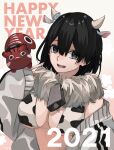  1girl 2021 absurdres animal_ears animal_print bangs bell bikini black_eyes black_hair breasts chinese_zodiac commentary cow_ears cow_horns cow_print cowbell english_text fur_collar grey_jacket happy_new_year highres horns jacket kogeta_kaori large_breasts looking_at_viewer neck_bell new_year off_shoulder open_clothes open_jacket open_mouth original print_bikini print_jacket short_hair smile solo swimsuit upper_body v white_bikini year_of_the_ox 