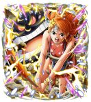  1girl bandaid bandaid_on_face brown_eyes cloud hair_ornament japanese_clothes lightning long_hair nami_(one_piece) official_art one_piece one_piece_treasure_cruise open_mouth orange_hair tattoo zeus_(one_piece) 