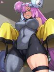  1girl absurdres blush breasts cameltoe grin highres indoors iono_(pokemon) jmg large_breasts looking_at_viewer pokemon pokemon_(game) pokemon_sv sharp_teeth smile teeth thighs 