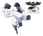  1girl barefoot black_skin body_fur breasts cleavage clenched_hands colored_skin commentary eidenjyou1997 english_commentary genderswap genderswap_(mtf) highres kaijin kamen_rider kamen_rider_(1st_series) logo monster_girl muscular muscular_female open_mouth red_eyes shocker_(kamen_rider) simple_background snowman_(kamen_rider) solo teeth upper_teeth_only white_background white_fur white_hair yeti_(creature) 