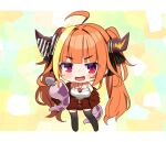  1girl :d asacoco black_bow black_thighhighs blush_stickers bow chibi fang holding hololive horn_bow horn_ornament horns jacket jewelry kiryu_coco long_hair looking_at_viewer necklace noi_mine open_clothes open_jacket orange_hair red_eyes red_jacket shirt skin_fang smile solo thighhighs twintails very_long_hair white_shirt 