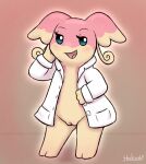  audino blush bottomless clothed clothing coat coat_only dress_shirt eyelashes female feral generation_5_pokemon genitals heshieokf hi_res nintendo open_clothing open_shirt open_topwear pokemon pokemon_(species) pussy shirt solo topwear topwear_only 