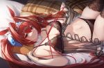  1girl absurdres animal_ears babydoll bed_sheet bra breasts closed_mouth ctrl+z daiwa_scarlet_(umamusume) fang from_side hair_intakes highres horse_ears horse_girl large_breasts long_hair looking_at_viewer lying navel on_back panties red_eyes red_hair smile solo stomach thighhighs tiara twintails umamusume underwear underwear_only very_long_hair 