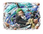  1boy formal green_hair holding holding_sword holding_weapon katana multiple_weapons official_art one_eye_closed one_piece one_piece_treasure_cruise roronoa_zoro short_hair suit sword weapon 