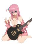  1girl bikini bocchi_the_rock! breasts cleavage cube_hair_ornament feet gotou_hitori guitar hair_between_eyes hair_ornament instrument jacket large_breasts long_hair long_sleeves looking_at_viewer pink_hair pink_jacket simple_background sitting solo swimsuit unzipped v vococo wariza white_background white_bikini 