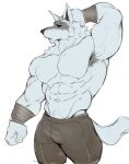  2023 abs anthro arm_wraps armpit_hair biceps black_nose bodily_fluids body_hair canid canine canis clothing death_(puss_in_boots) dreamworks fluffy fur grey_body grey_fur hand_behind_head male mammal muscular o_reowoof pecs pubes puss_in_boots_(film) puss_in_boots_the_last_wish red_eyes simple_background solo sweat sweatdrop tail white_background wolf wraps 