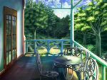  blue_sky chair cloud commentary_request day deck_(architecture) forest glass_table highres nature no_humans original outdoors patio rock scenery sky table tree tyb_(inmu) window wooden_floor 