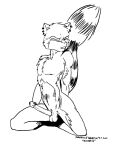 1997 anthro balls black_and_white dennis_j_marfia ear_piercing ear_ring erection eyes_closed full-length_portrait genital_piercing genitals glans_piercing glans_ring kneeling male mammal markings monochrome navel nude pecs pen_(artwork) penis penis_piercing piercing portrait ring_(marking) ring_piercing ringed_tail signature simple_background solo striped_markings striped_tail stripes tail tail_markings traditional_media_(artwork) white_background