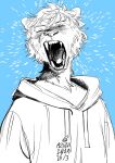  2019 anthro azuza blue_background bodily_fluids chin_tuft clothed clothing dated eyes_closed facial_tuft fangs felid front_view hair half-length_portrait hi_res hoodie male mammal messy_hair mouth_shot open_mouth partially_colored portrait saliva saliva_string short_hair simple_background solo standing teeth topwear yawn 