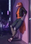  2020 alcyon_(retbriar) alley anthro artist_name avian beak biped bird black_clothing black_jacket black_topwear bottomwear breasts building clothed clothing digital_media_(artwork) digital_painting_(artwork) feathers female foxovh hi_res jacket navel non-mammal_breasts open_clothing open_jacket open_topwear outside pants science_fiction shaded shirtless solo tail tail_feathers talons topwear 