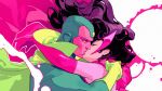  1boy 1girl absurdres al_(ahr) aqua_bodysuit arms_up bodysuit cape closed_eyes colored_skin couple elbow_gloves forehead_jewel french_kiss gloves green_cape green_gloves green_skin hetero highres hug kiss leotard long_hair looking_at_another marvel mask mask_on_head multicolored_skin pink_bodysuit pink_cape pink_gloves pink_leotard pink_mask pink_skin purple_hair scarlet_witch simple_background upper_body vision_(marvel) wanda_maximoff wavy_hair white_background yellow_eyes 