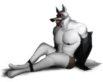 ankles_tied anthro ball_gag bdsm bodily_fluids bondage bottomwear bound canid canine canis cheek_tuft clothed clothing death_(puss_in_boots) dreamworks drooling facial_markings facial_tuft fluffy fluffy_tail fur fuzzy gag gagged grey_body grey_fur hands_behind_back head_markings head_tuft hi_res legs_tied male mammal markings mask_(marking) muscular muscular_anthro muscular_male neck_tuft nipples on_ground partially_clothed pecs prick_ears puss_in_boots_(dreamworks) red_eyes restrained restrained_legs restraints rope rope_bondage saliva scootscahoots shorts simple_background sitting solo tail teeth topless tuft undressing white_background wolf