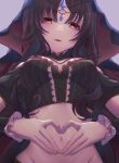  1girl absurdres breasts brown_eyes brown_hair commentary_request costume_request finger_heart forehead_jewel groin highres jewelry lying medium_breasts midriff navel necklace on_back original parted_lips solo stomach upper_body user_azgg4283 