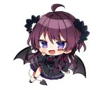  1girl :d ahoge black_dress blush_stickers brown_hair chibi copyright_request demon_tail demon_wings dress fangs full_body horns long_hair long_sleeves looking_at_viewer noi_mine purple_eyes simple_background skin_fangs smile solo tail transparent_background virtual_youtuber wings 