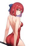  1girl absurdres ass backless_outfit blue_bow bow breasts dress hair_bow hair_ornament highres kohaku_(tsukihime) leaning_back red_dress sideboob solo tongue tongue_out tsukihime white_background zero0ex 