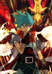  1boy armor belt blue_eyes breastplate breath_of_fire breath_of_fire_iii brown_belt closed_mouth dragon green_pants hand_up hungry_clicker looking_at_viewer male_focus pants puffy_short_sleeves puffy_sleeves red_scarf ryuu_(breath_of_fire_iii) scarf short_sleeves solo 
