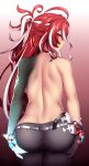  1girl adrestia_(elsword) ass ass_grab back elesis_(elsword) elsword fi-san gloves grabbing_own_ass highres looking_back multicolored_hair ponytail red_eyes red_hair simple_background single_glove smile solo standing streaked_hair topless 