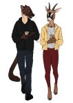  antelope anthro azuza beverage blue_bottomwear blue_clothing blue_pants bottomwear bovid brown_body brown_fur brown_tail clothed clothing dark_pants duo eye_contact fangs female front_view fur gazelle grey_clothing grey_topwear gulonine hi_res holding_beverage holding_object looking_at_another male mammal marten mustelid musteline open_mouth pants red_bottomwear red_clothing red_pants signature simple_background smile standing tail tan_body tan_fur teeth topwear white_background yellow_jacket 