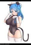  1girl absurdres alternate_costume animal_ears black_leotard blue_eyes blue_hair breasts cat_ears cat_tail double_bun elbow_gloves fake_tail gloves hair_bun hat highres kantai_collection large_breasts leotard sailor_hat solo tail tf_cafe thighhighs urakaze_(kancolle) white_gloves white_headwear white_thighhighs 
