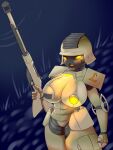  anthro armor big_breasts blackbetty breasts female glowing glowing_eyes living_machine living_tank living_vehicle looking_at_viewer machine nipples not_furry nude ranged_weapon solo tank thick_thighs vehicle weapon 