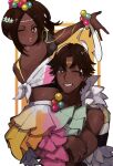  1boy 1girl back bangs bare_shoulders breasts brother_and_sister carrying dark-skinned_female dark_skin feather_trim fire_emblem fire_emblem_engage fogado_(fire_emblem) hair_ornament highres jewelry lifted_by_another long_hair looking_at_viewer looking_back medium_breasts open_mouth parted_bangs seinikuten siblings smile star-shaped_pupils star_(symbol) symbol-shaped_pupils timerra_(fire_emblem) very_dark_skin 